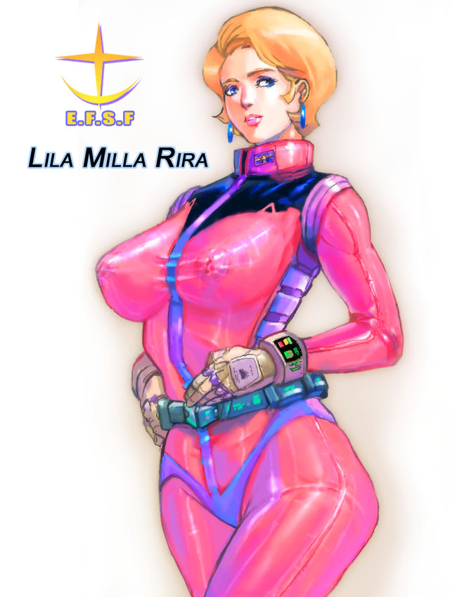 blonde_hair, blue_eyes, gradient, gradient_background, gundam, lila_milla_rira, lips, short_hair