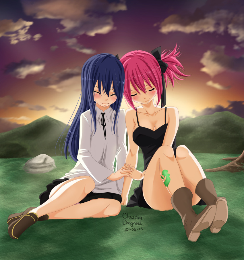 2girls, artist_request, blue_hair, blush, chelia_blendy, child, closed_eyes, couple, dress, fairy_tail, female, hand_holding, happy, interlocked_fingers, leaning, long_hair, multiple_girls, pink_hair, short_hair, short_twintails, sitting, sunset, twintails, wendy_marvell