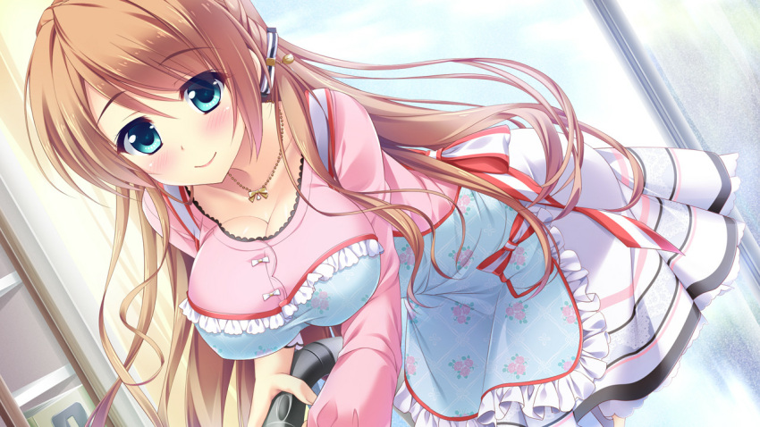 1girl, ameto_yuki, apron, blush, breasts, brown_hair, cleaning, cleavage, female, game_cg, green_eyes, happy, highres, large_breasts, leaning_forward, long_hair, looking_at_viewer, makihara_shiho_(pure_x_connect), pure_x_connect, skirt, smile, solo, standing, vacuum_cleaner