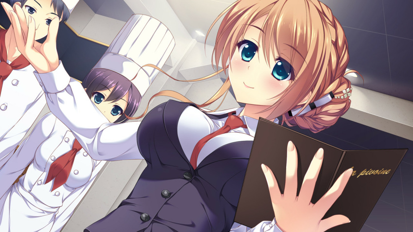 2girls, ameto_yuki, black_eyes, black_hair, blue_eyes, blush, breasts, brown_hair