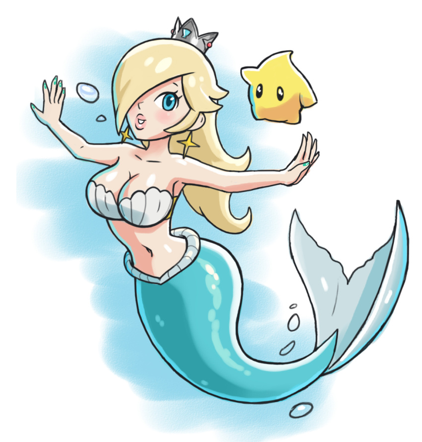 1girl, artist_request, blonde_hair, blue_eyes, chiko_(mario), crown, gradient, gradient_background, long_hair, mermaid, monster_girl, navel, nintendo, rosetta_(mario), solo, super_mario_bros., super_mario_galaxy, water
