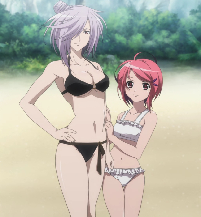 2girls, asu_no_yoichi, bikini, breasts, cleavage, hair_over_one_eye, highres, large_breasts