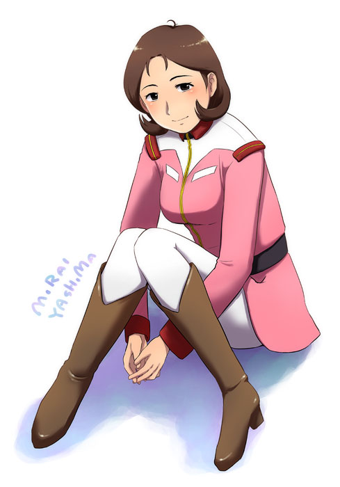 1girl, boots, brown_hair, character_name, female, gundam, itou_katsumi, looking_at_viewer