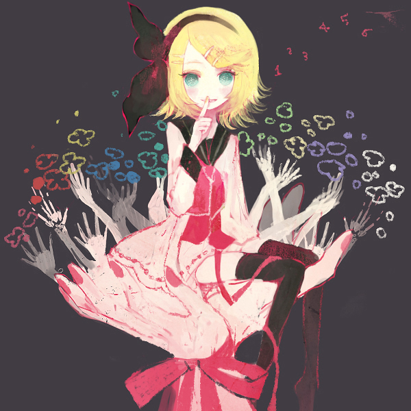 blonde_hair, blue_eyes, hair_ornament, hair_ribbon, hairclip, kagamine_rin, kyoufu_garden_(vocaloid), pechika