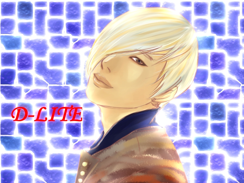 1boy, abstract_background, bigbang, blonde_hair, brown_eyes, character_name, daesung, earring