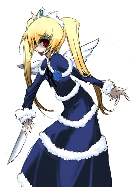 fancy, futaba_channel, knife, nijiura_maids, open_mouth, red_eyes, twintails, wings
