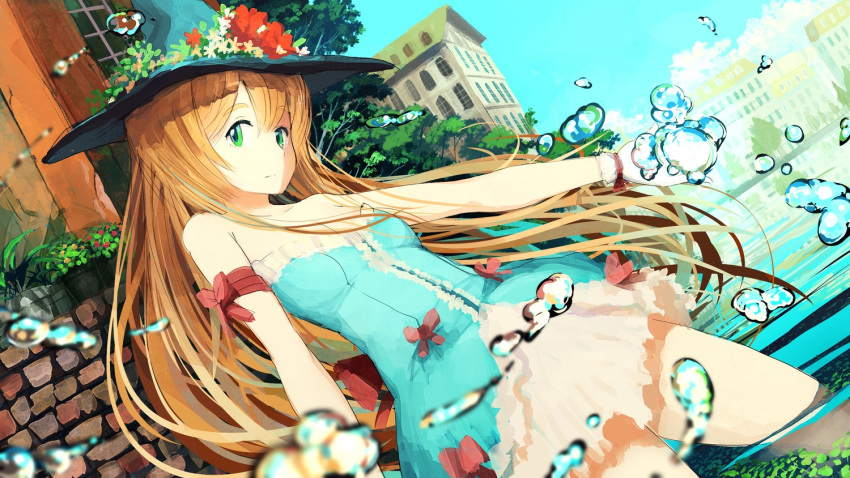 1girl, dress, female, flower, green_eyes, hat, jan, long_hair