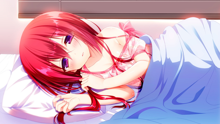 1girl, absurdres, bed, blush, breasts, cleavage, game_cg, highres