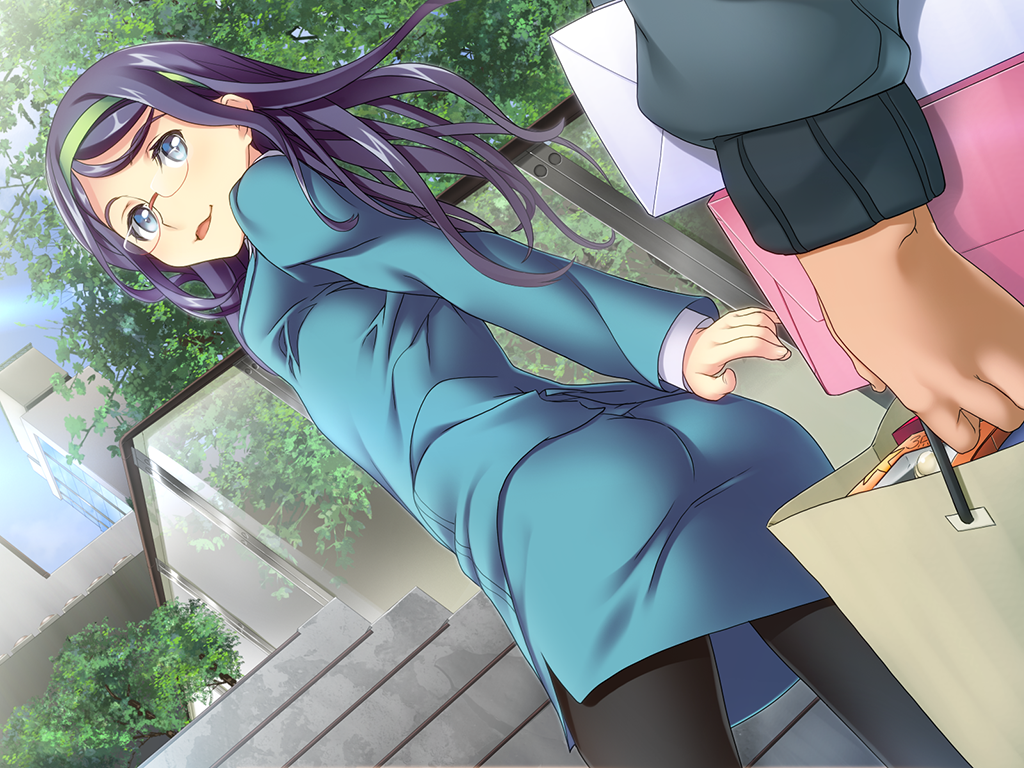1girl, ass, bag, blue_eyes, blue_hair, breasts, dutch_angle, game_cg