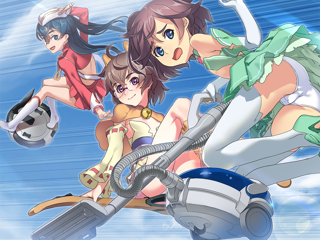 3girls, animal_ears, ass, blue_eyes, blue_hair, blush, boots, brown_hair