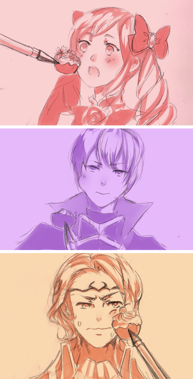 eating, elise_(fire_emblem_if), fire_emblem, fire_emblem_if, food, leon_(fire_emblem_if), marx_(fire_emblem_if), monochrome