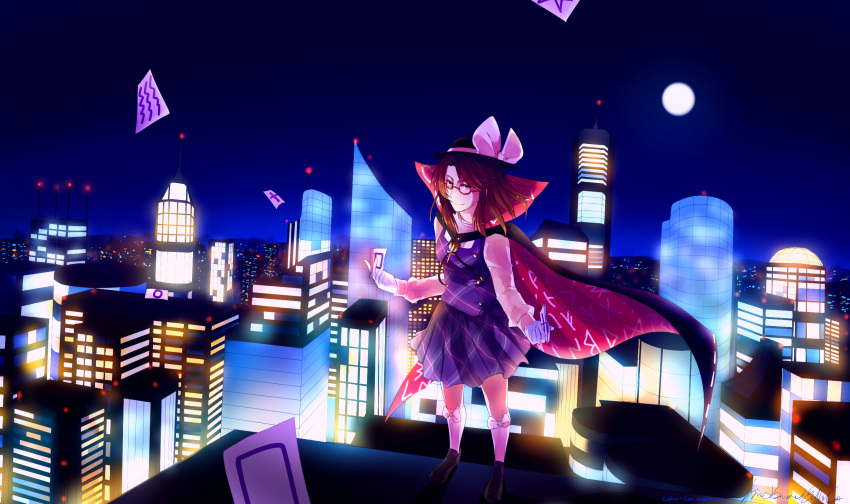 1girl, bow, bows, brown_eyes, brown_hair, cape, city, euphori_cat