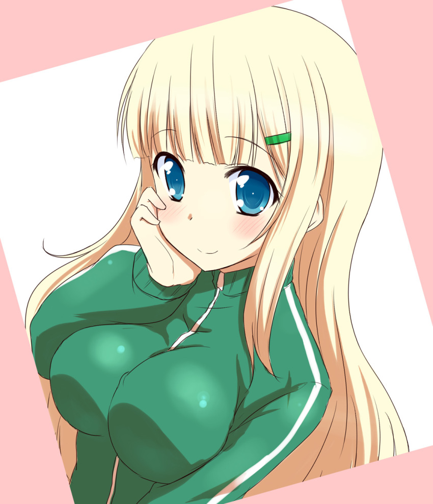 1girl, blonde_hair, blue_eyes, blush, breasts, hair_ornament, kazami_ruku, long_hair