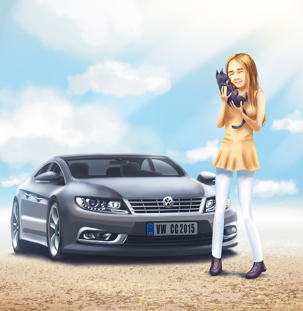 1girl, blonde_hair, blue_sky, car, cat, clouds, dekus, dress