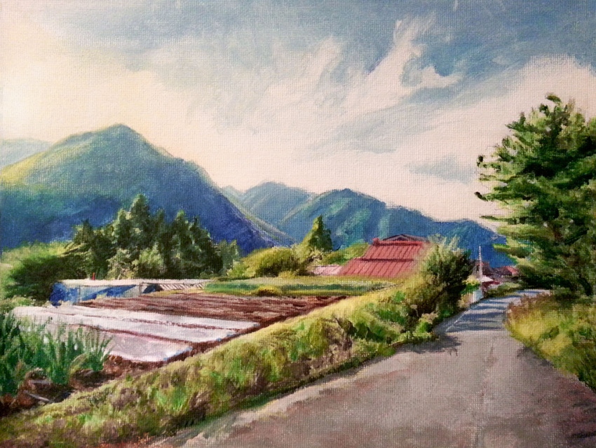 clouds, dekus, garden, hill, house, japan, mountain, painting
