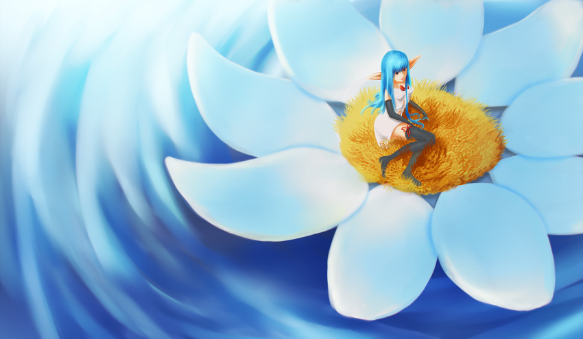 1girl, blue_hair, dekus, dress, fairy, flower, long_hair, lying