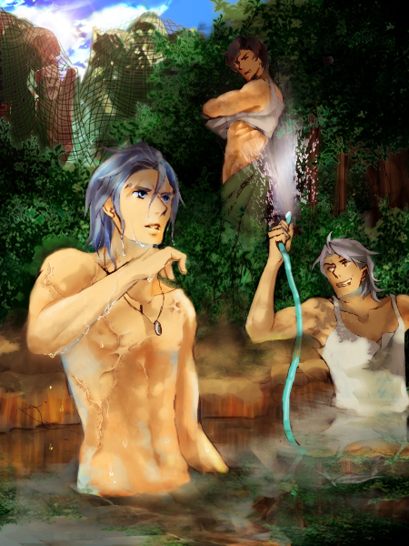 3boys, blue_eyes, blue_hair, brown_hair, clouds, garsky_zinobaev, grey_hair, gundam