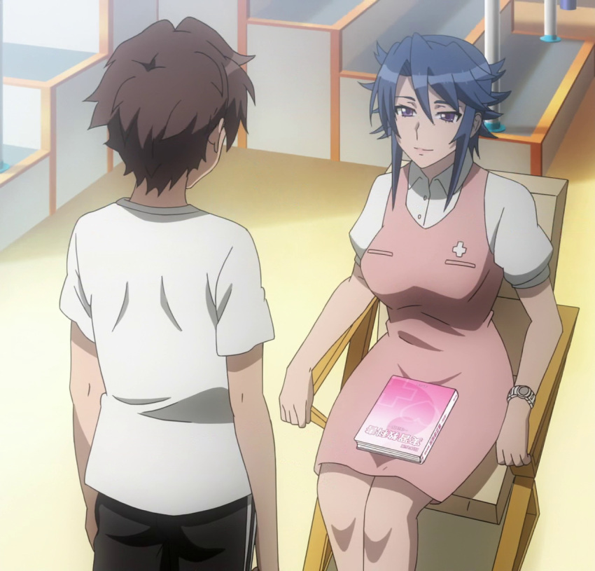 1boy, 1girl, blue_hair, book, brown_hair, hitsugi_sayo, mikami_arashi, screencap