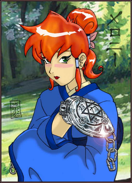 blush, bondage, chains, cuffs, edo, gloves, green_eyes, japanese, japanese_clothes, kimono, locks, meronii, metal, mitt, mittens, orange_hair, ponytail, shine, stuck, suichiro_tanaka