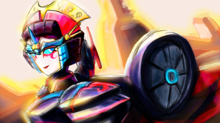 1girl, autobots, blue_eyes, lipstick, makeup, mecha_girl, oberon826, robot, transformers, windblade, windblade_(transformers), wings