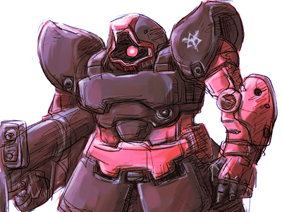 gundam, mecha, mobile_suit_gundam, mtk, no_humans, rick_dom, rocket_launcher, simple_background