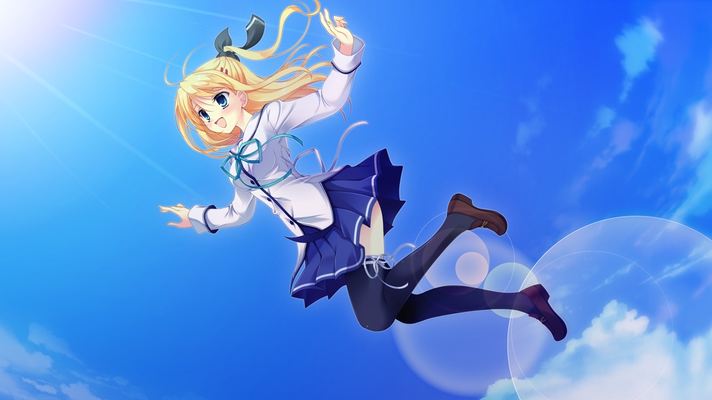 1girl, blonde_hair, blue_eyes, clouds, da_capo, da_capo_iii, jumping, long_hair
