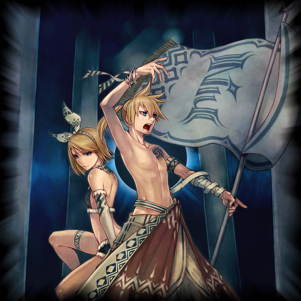 blonde_hair, blue_eyes, flag, hands, hanji_(hansi), kagamine_len, kagamine_rin, open_mouth, shinichi_tahara, siblings, tattoo, twins, vocaloid