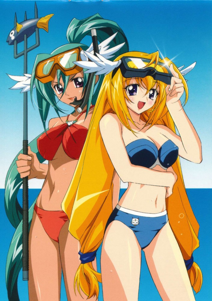 00s, bikini, blonde_hair, goggles, green_hair, head_wings, hydra_(ufo_princess_valkyrie), long_hair