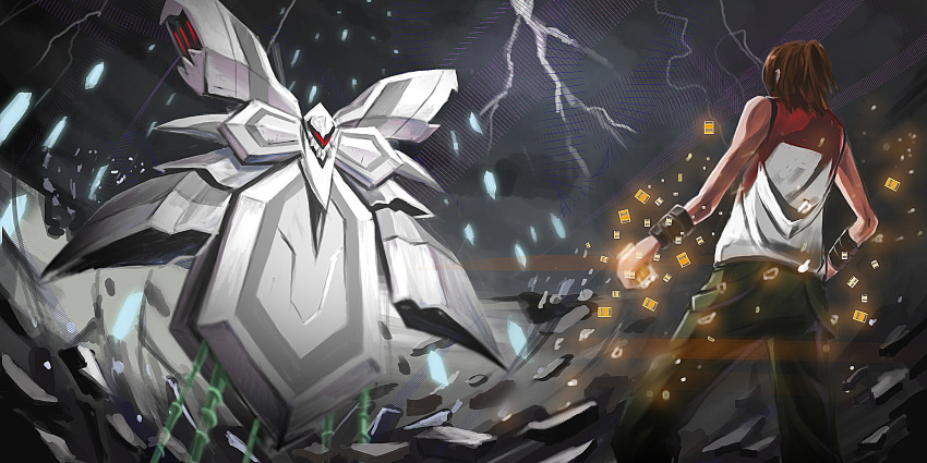1boy, armor, battle, brown_hair, crystals, daimon_masaru, destruction, digimon