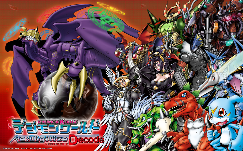 1girl, angel_wings, bandai, barbamon, bare_shoulders, bat_(symbol), beelzebumon, black_hair