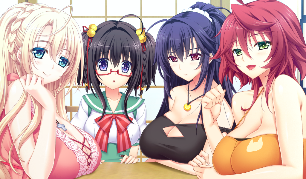 4girls, atelier_kaguya, baku_ane_otouto_shibocchau_zo!, bare_shoulders, black_hair, blonde_hair, blue_eyes, blue_hair