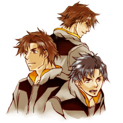 blue_hair, brown_hair, gundam, gundam_lost_war_chronicles, lowres, matt_healy, military, military_uniform