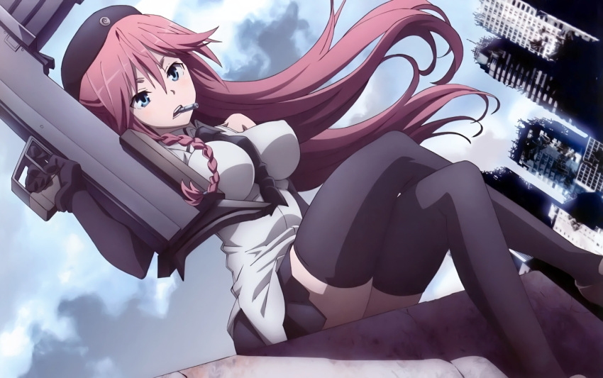 1girl, asami_lilith, blue_eyes, braids, breasts, city, elbow_gloves, erect_nipples, furuya_kouji, gloves, gun, hat, large_breasts, long_hair, redhead, resized, ruins, thigh-highs, trinity_seven, weapon