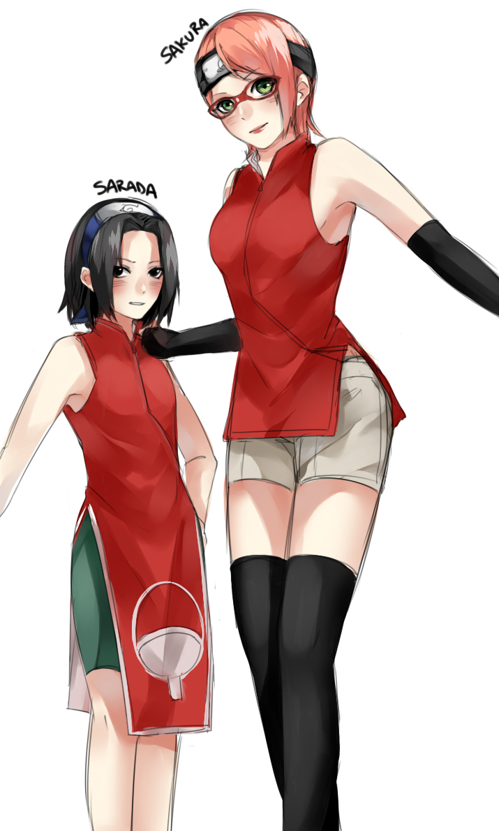2girls, age_difference, alternate_costume, alternate_hairstyle, arm_warmers, bangs, bare_shoulders, bike_shorts