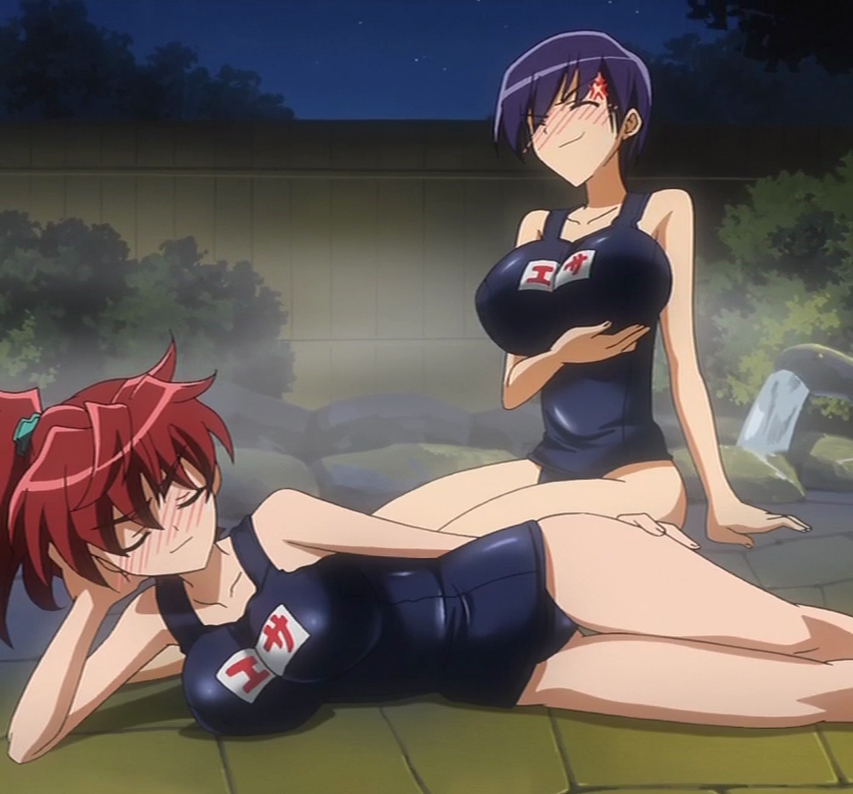 2girls, anger_vein, angry, bare_shoulders, blue_hair, blush, breast_hold, breasts, closed_eyes, hirano_miwa, izumi_eiko, kamen_no_maid_guy, large_breasts, lying, multiple_girls, night, on_side, redhead, screencap, sitting, stitched, swimsuit