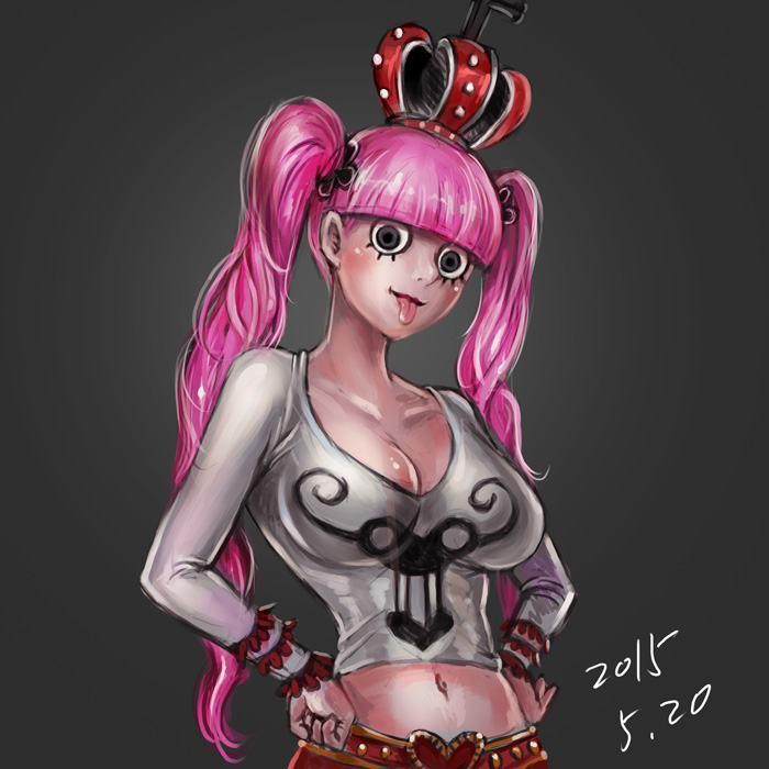 1girl, crown, long_sleeves, lt, midriff, one_piece, perona, pink_hair