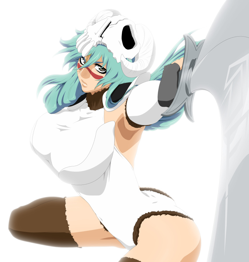 1girl, absurdres, aqua_hair, arrancar, ass, bleach, breasts, brown_eyes