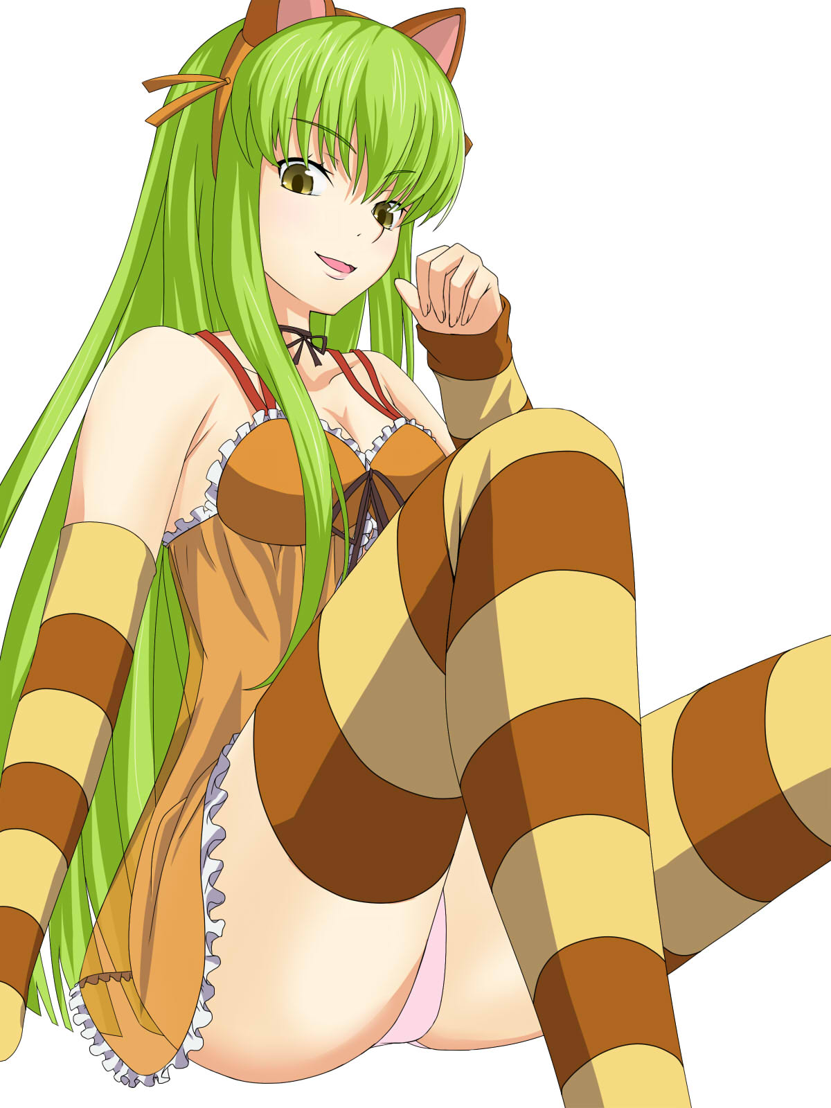 1girl, :d, animal_ears, arm_support, bare_shoulders, breasts, c.c., cleavage