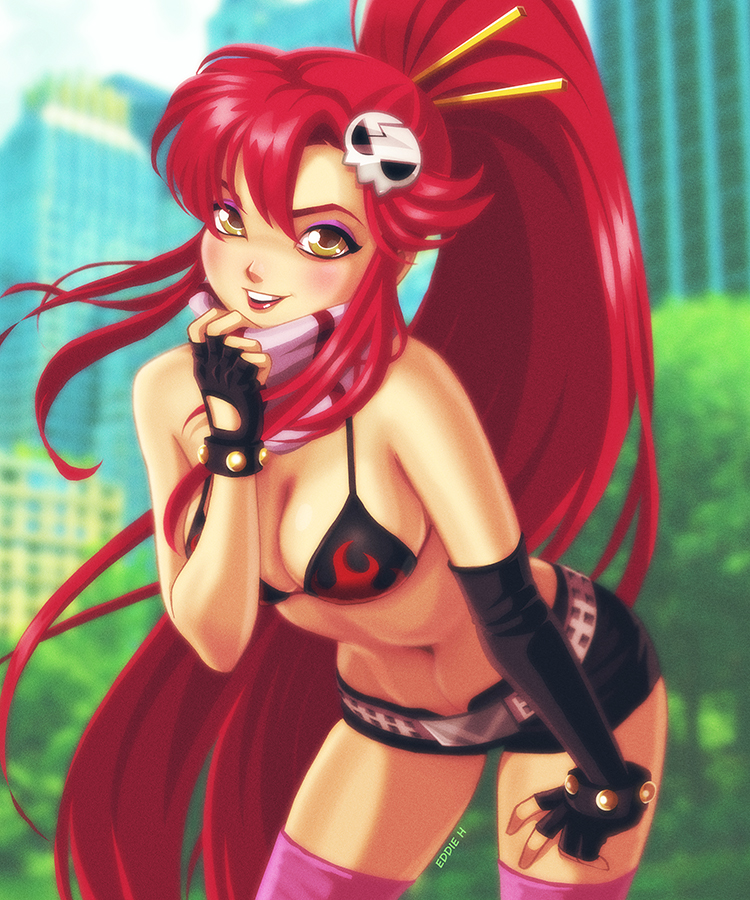 1girl, belt, bikini_top, breasts, building, city, eddie_holly, eyeshadow