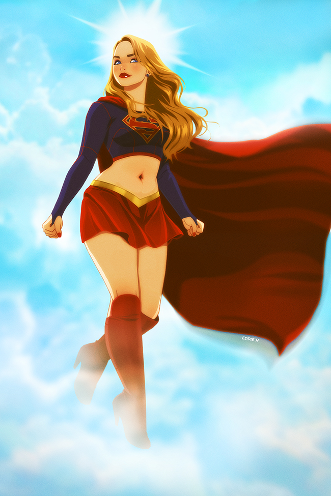 1girl, blonde_hair, blue_eyes, blue_sky, boots, cape, clenched_hand, clouds
