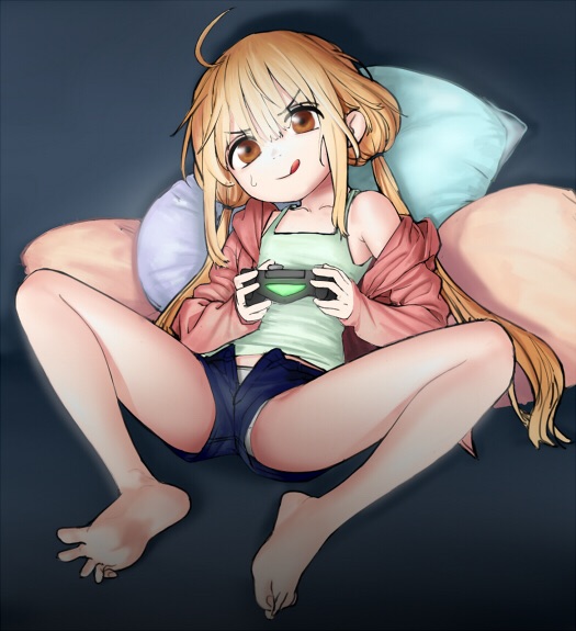 1girl, barefoot, blonde_hair, brown_eyes, feet, futaba_anzu, game_console, idolmaster
