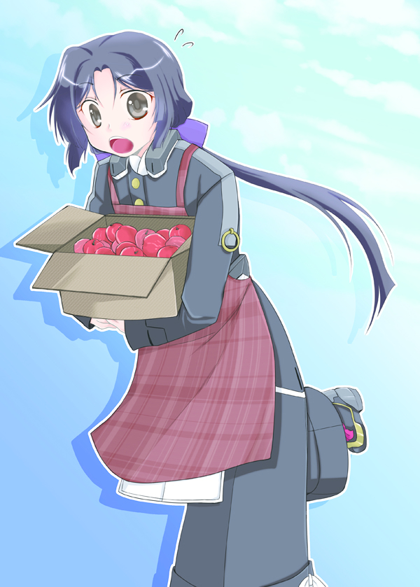 1boy, androgynous, apples, azuma_(horizon), black_eyes, black_hair, food, kyoukaisenjou_no_horizon