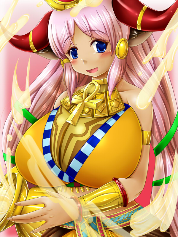 1girl, animal_ears, bare_shoulders, baroque20320514fu, blue_eyes, blush, breasts, hathor_(p&amp;d)