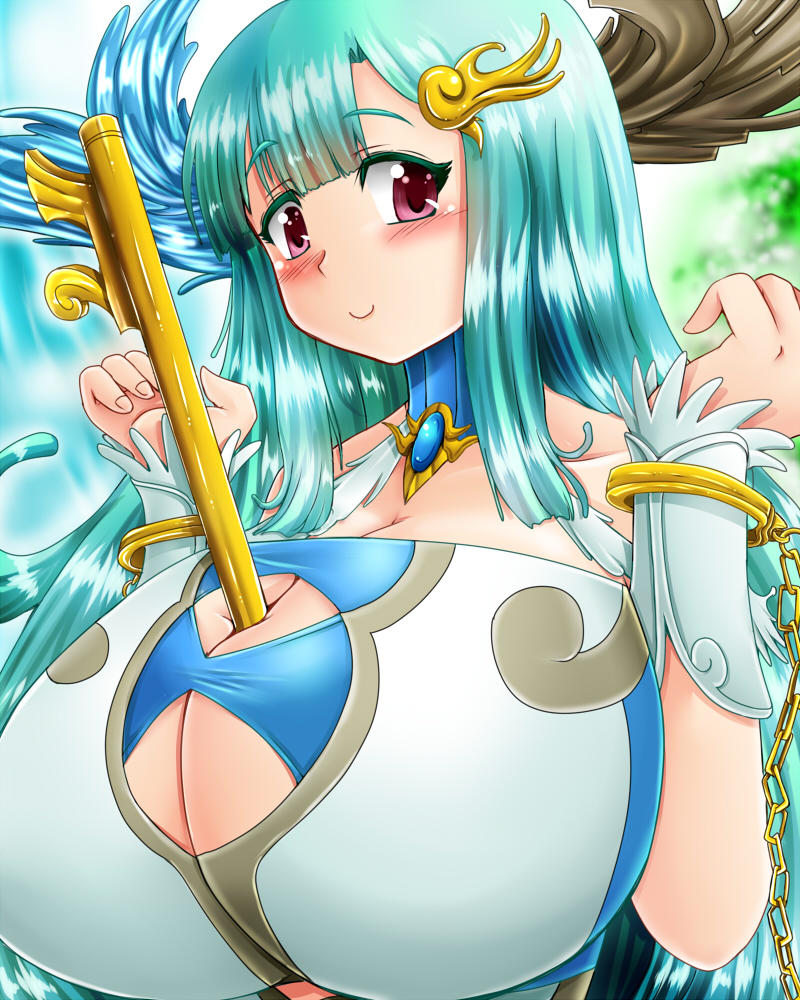 aqua_hair, ars_paulina_(p&amp;d), baroque20320514fu, between_breasts, blush, breasts, cleavage, cleavage_cutout