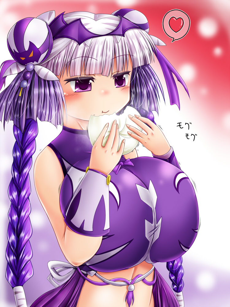 1girl, baroque20320514fu, blush, braid, breasts, eating, haku_(p&amp;d), huge_breasts, long_hair, purple_hair, puzzle_&amp;_dragons, solo, twintails, upper_body, violet_eyes