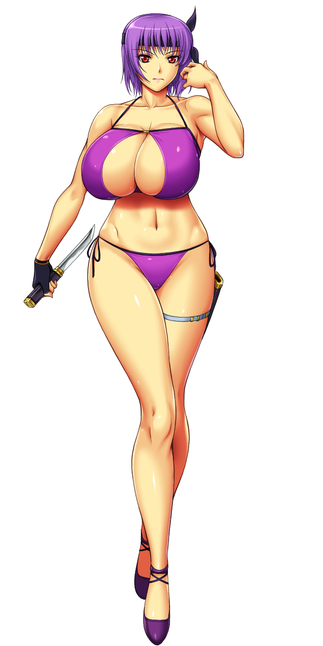 1girl, ameoto, ayane_(doa), bare_shoulders, bikini, breasts, cleavage, collarbone, curvy, dead_or_alive, feet, fingerless_gloves, full_body, gloves, headband, highres, hips, huge_breasts, knife, legs, looking_at_viewer, navel, purple_hair, red_eyes, serious, shoes, short_hair, simple_background, solo, standing, swimsuit, thighs, thong, weapon, white_background