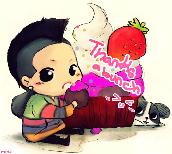 1boy, bigbang, black_hair, chibi, dog, food, male_focus, mohawk