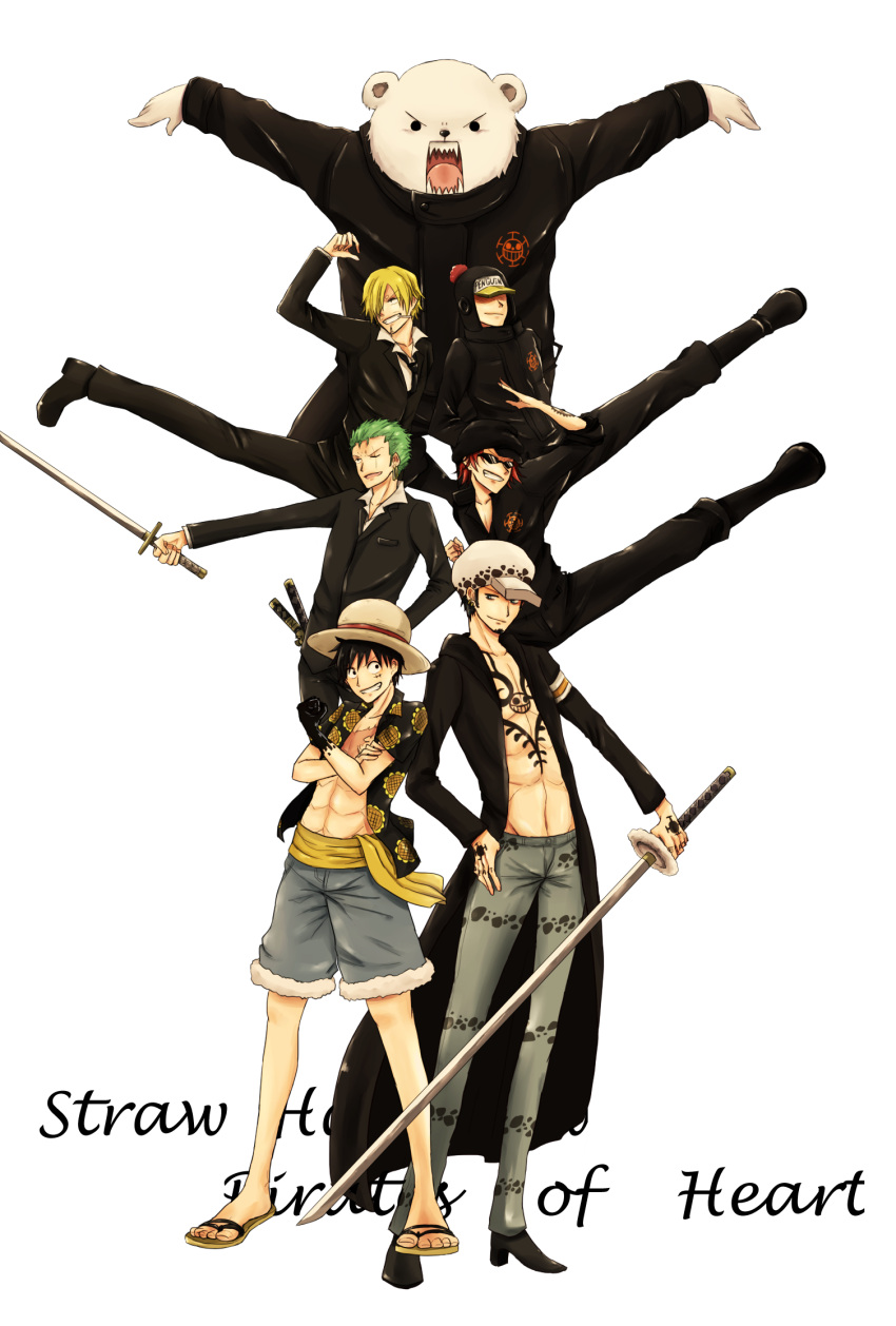 6+boys, bear, bepo, black_hair, blonde_hair, denim, green_hair, hair_over_one_eye