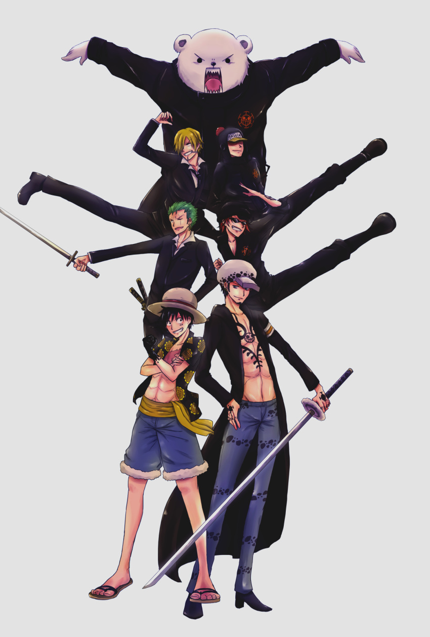 6+boys, bear, bepo, black_hair, blonde_hair, denim, green_hair, hair_over_one_eye
