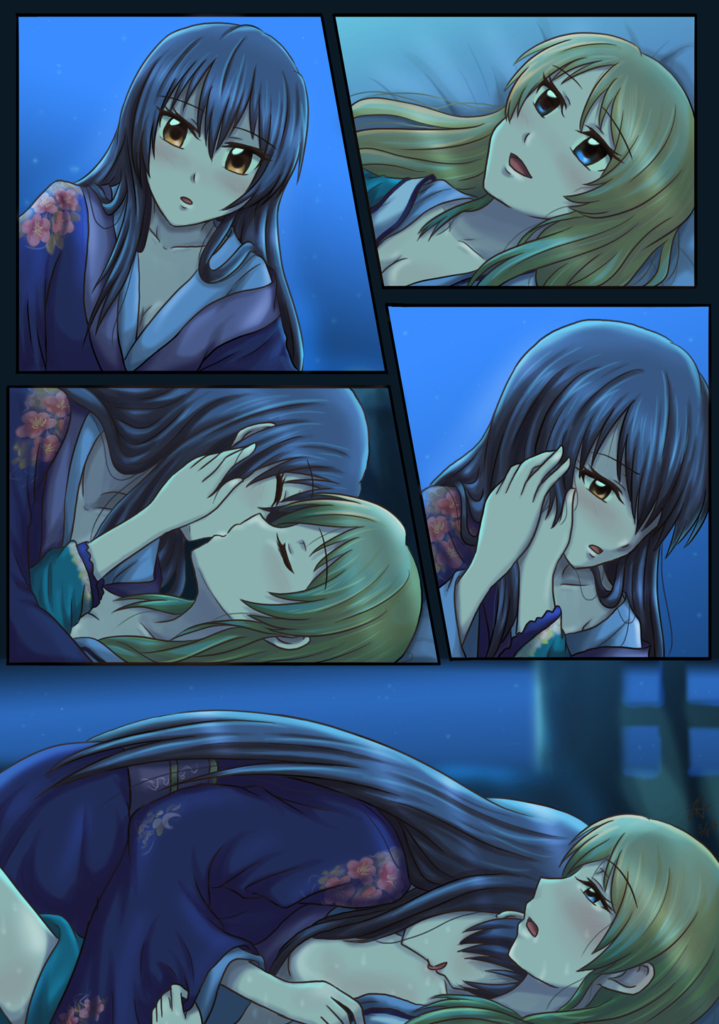 2girls, athyra, ayase_eli, blonde_hair, blue_eyes, blue_hair, blush, breasts